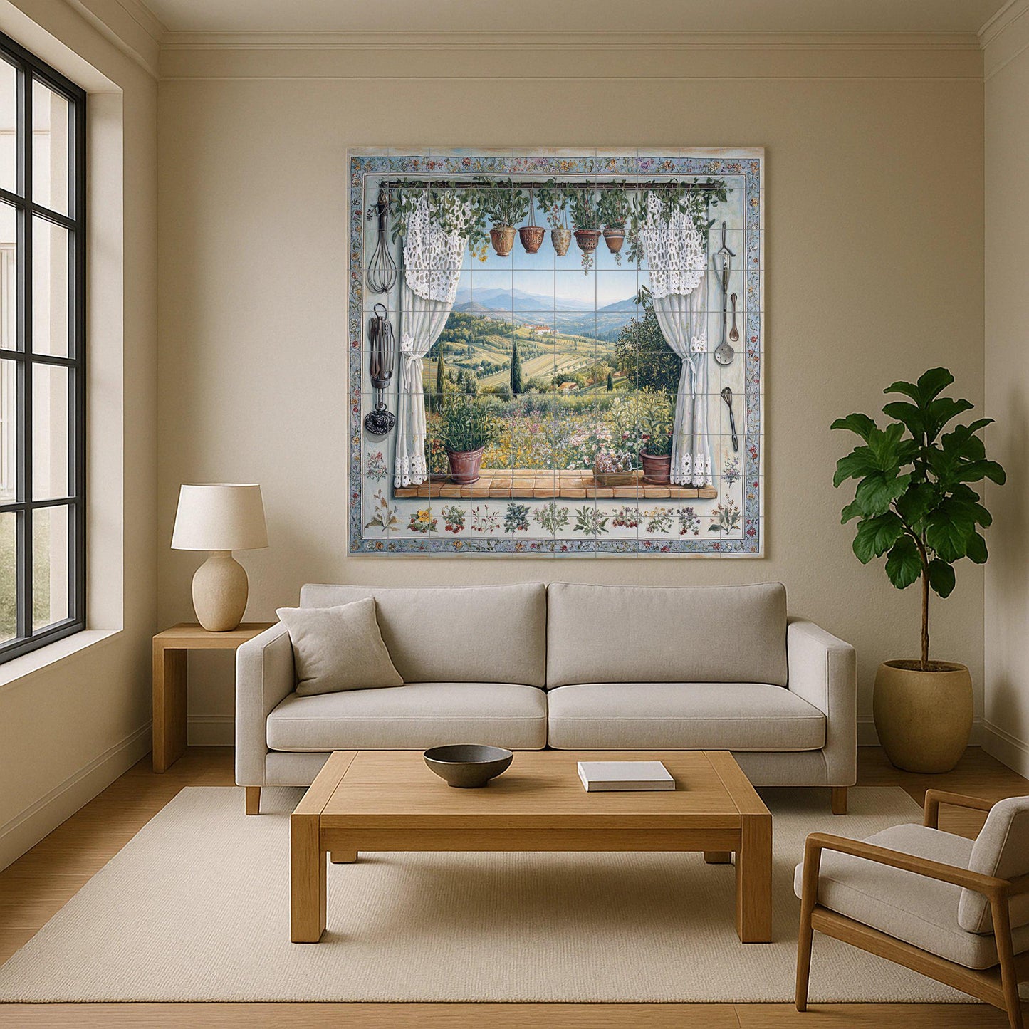Ceramic tile mural overlooking the Tuscan countryside and vineyard hills, rustic Provençal kitchen backsplash, Mediterranean rustic style villa