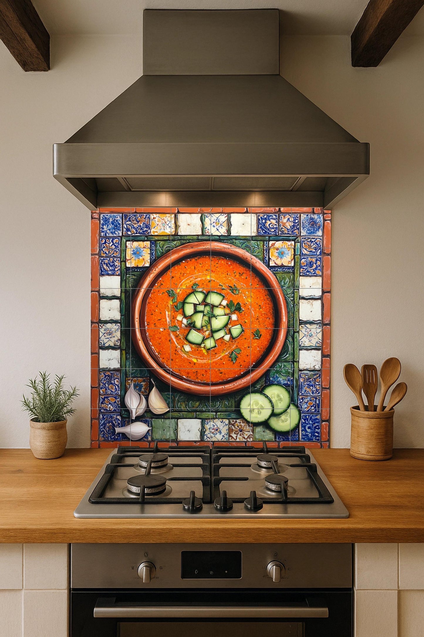Ceramic tile mural of Andalusian gazpacho with rustic terracotta bowl and Spanish tile border, kitchen panel of tapas from Cordoba, Seville and Granada.