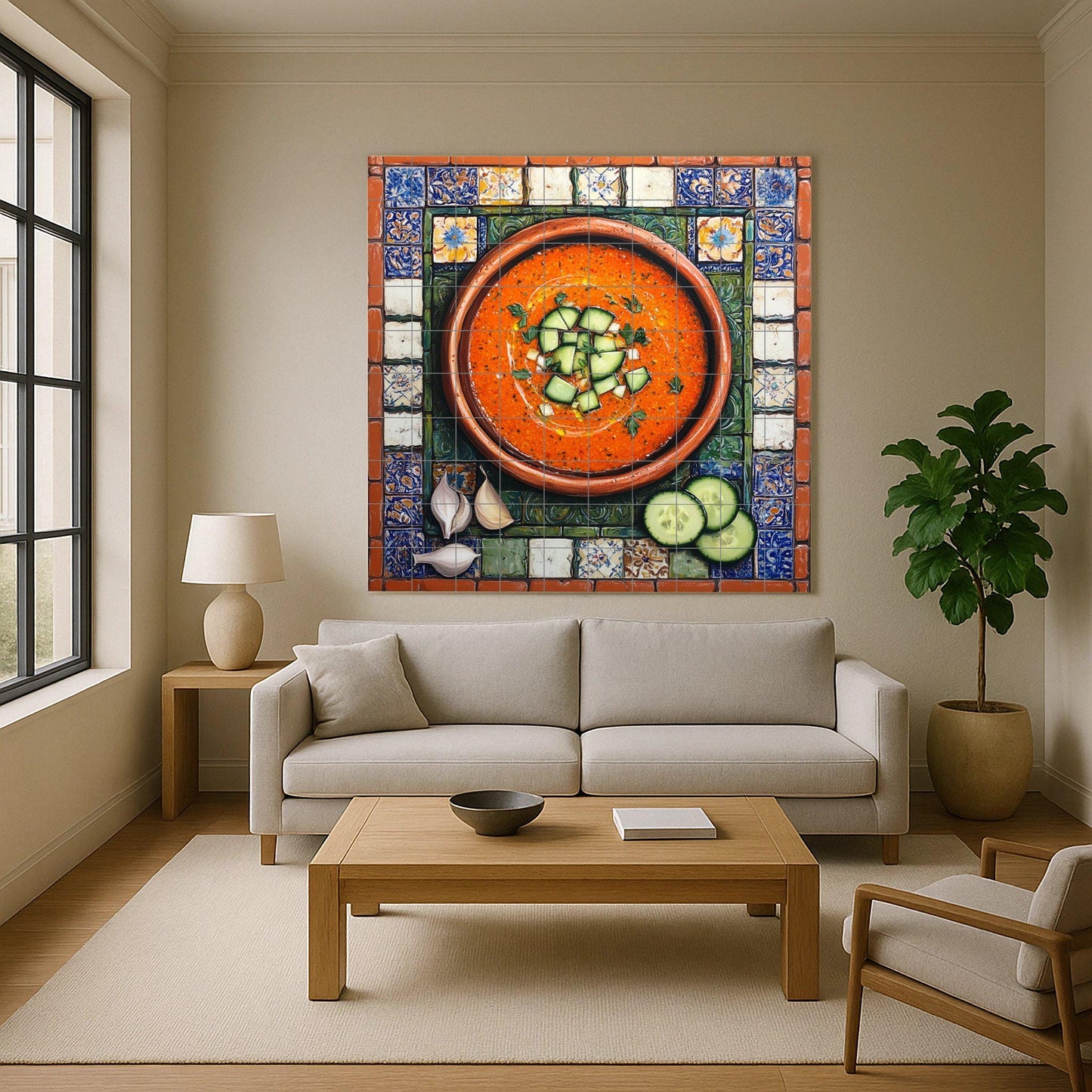 Ceramic tile mural of Andalusian gazpacho with rustic terracotta bowl and Spanish tile border, kitchen panel of tapas from Cordoba, Seville and Granada.