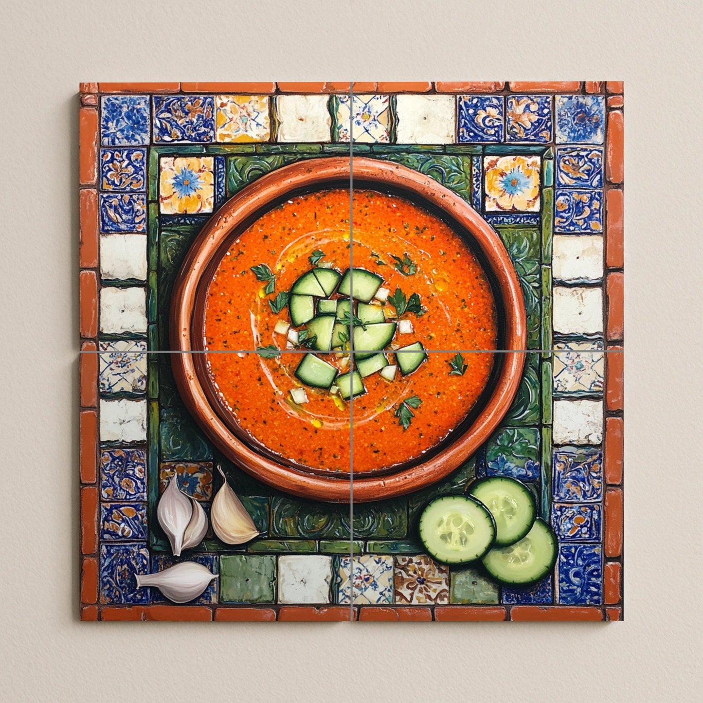 Ceramic tile mural of Andalusian gazpacho with rustic terracotta bowl and Spanish tile border, kitchen panel of tapas from Cordoba, Seville and Granada.