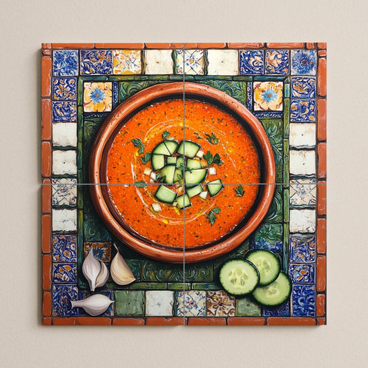 Ceramic tile mural of Andalusian gazpacho with rustic terracotta bowl and Spanish tile border, kitchen panel of tapas from Cordoba, Seville and Granada.