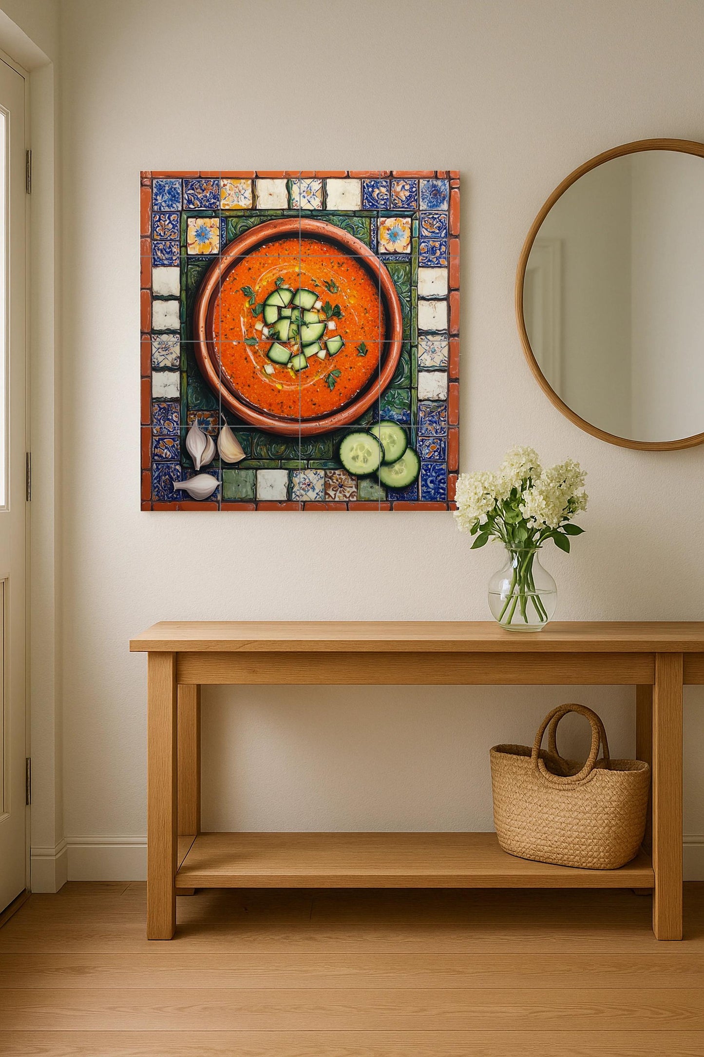 Ceramic tile mural of Andalusian gazpacho with rustic terracotta bowl and Spanish tile border, kitchen panel of tapas from Cordoba, Seville and Granada.