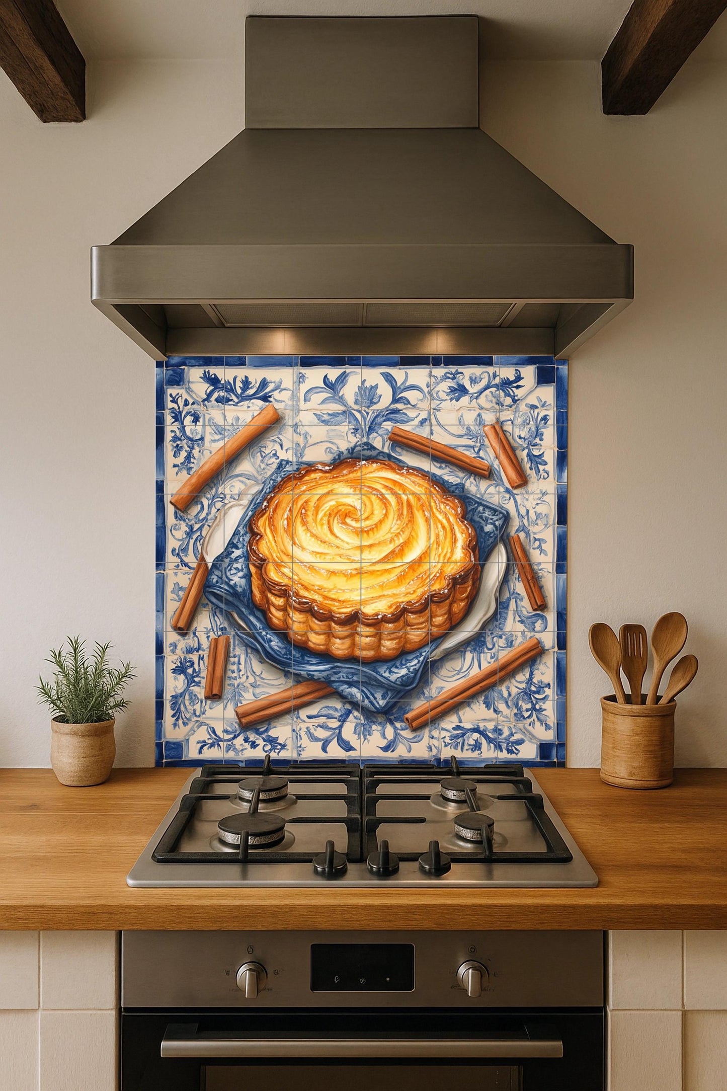 Portuguese Pastel de Nata Ceramic Tile Mural with Cinnamon Sticks and Lisbon Tile Border, Pastry Kitchen Backsplash, Custard Tart