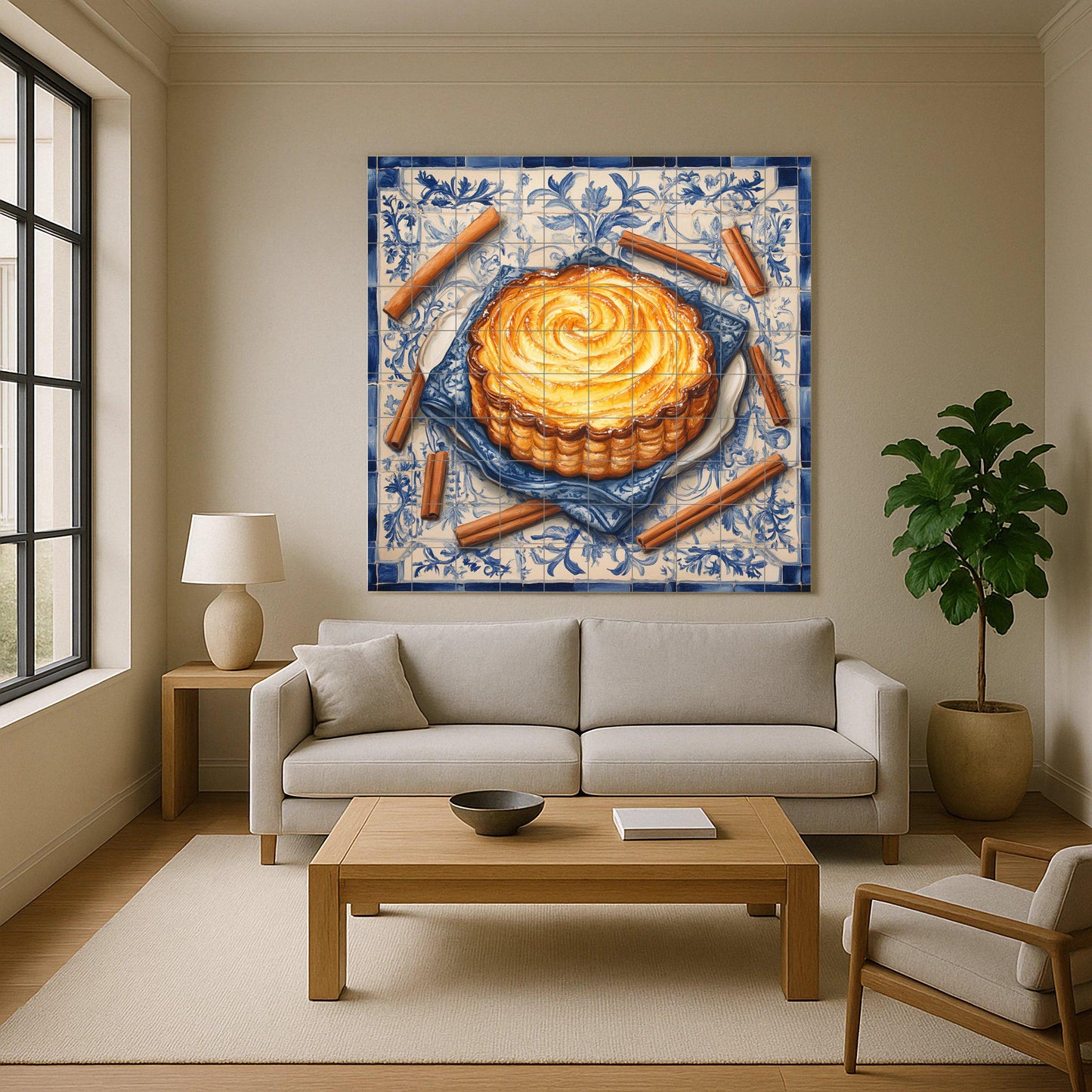 Portuguese Pastel de Nata Ceramic Tile Mural with Cinnamon Sticks and Lisbon Tile Border, Pastry Kitchen Backsplash, Custard Tart