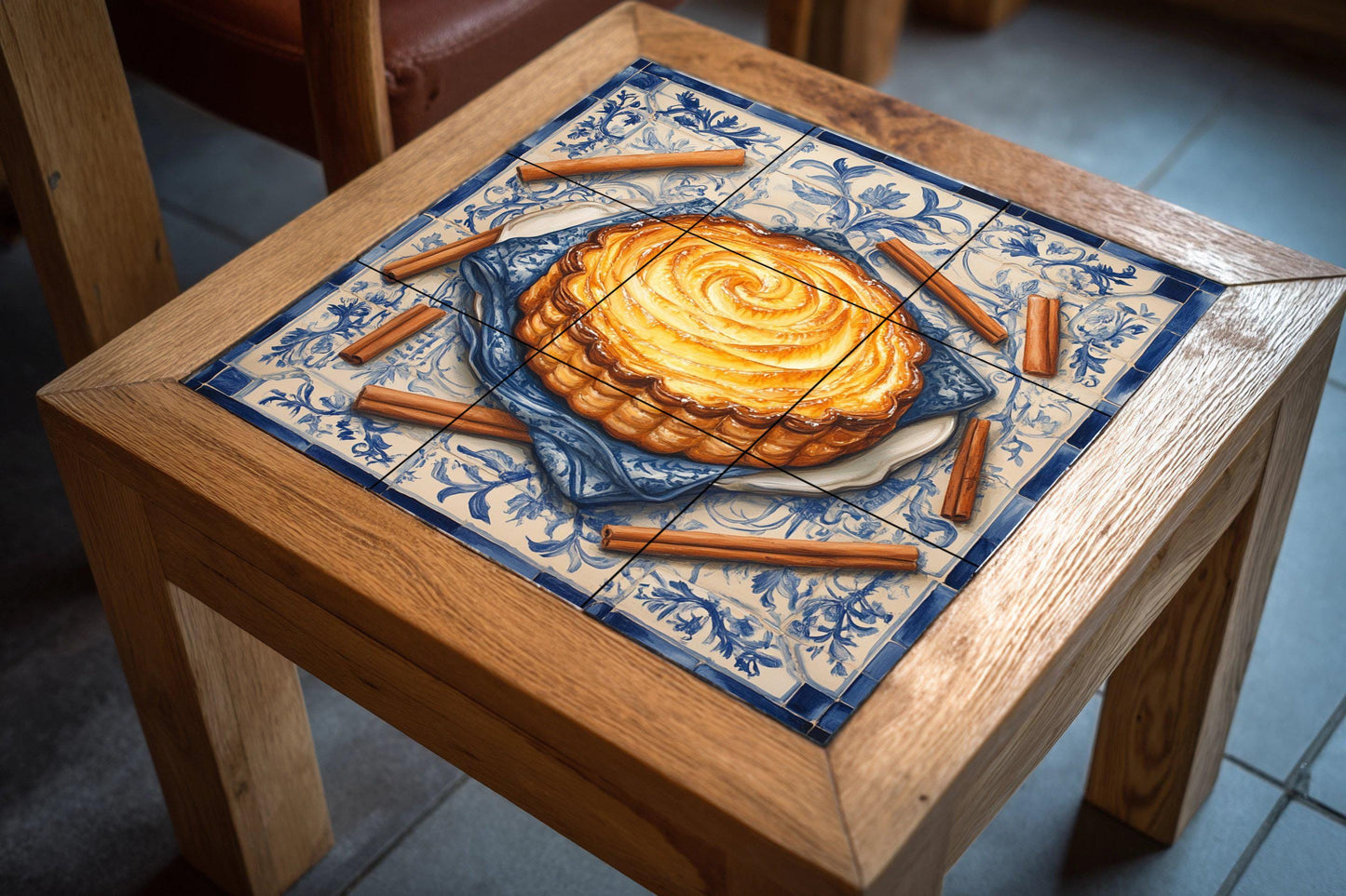Portuguese Pastel de Nata Ceramic Tile Mural with Cinnamon Sticks and Lisbon Tile Border, Pastry Kitchen Backsplash, Custard Tart