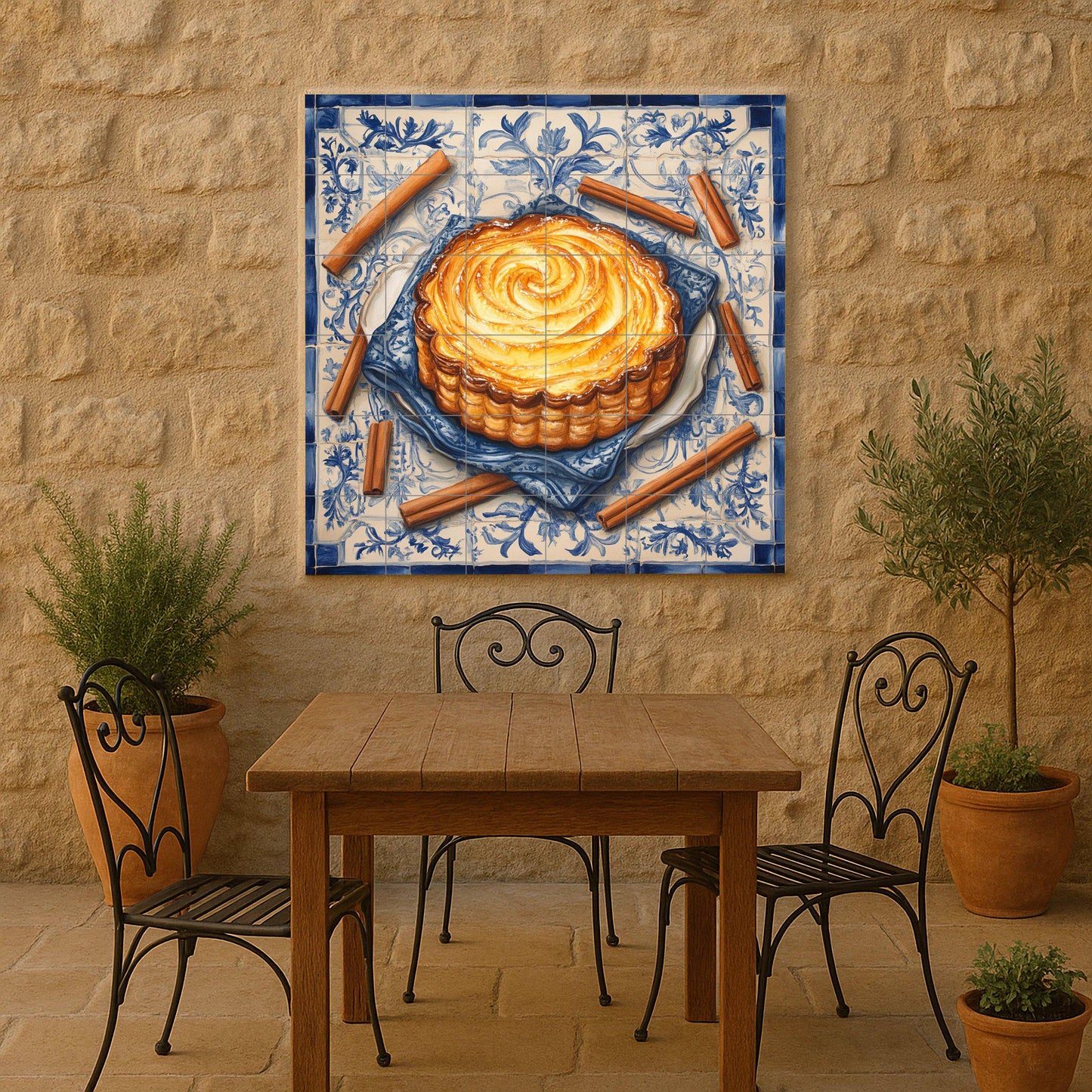 Portuguese Pastel de Nata Ceramic Tile Mural with Cinnamon Sticks and Lisbon Tile Border, Pastry Kitchen Backsplash, Custard Tart