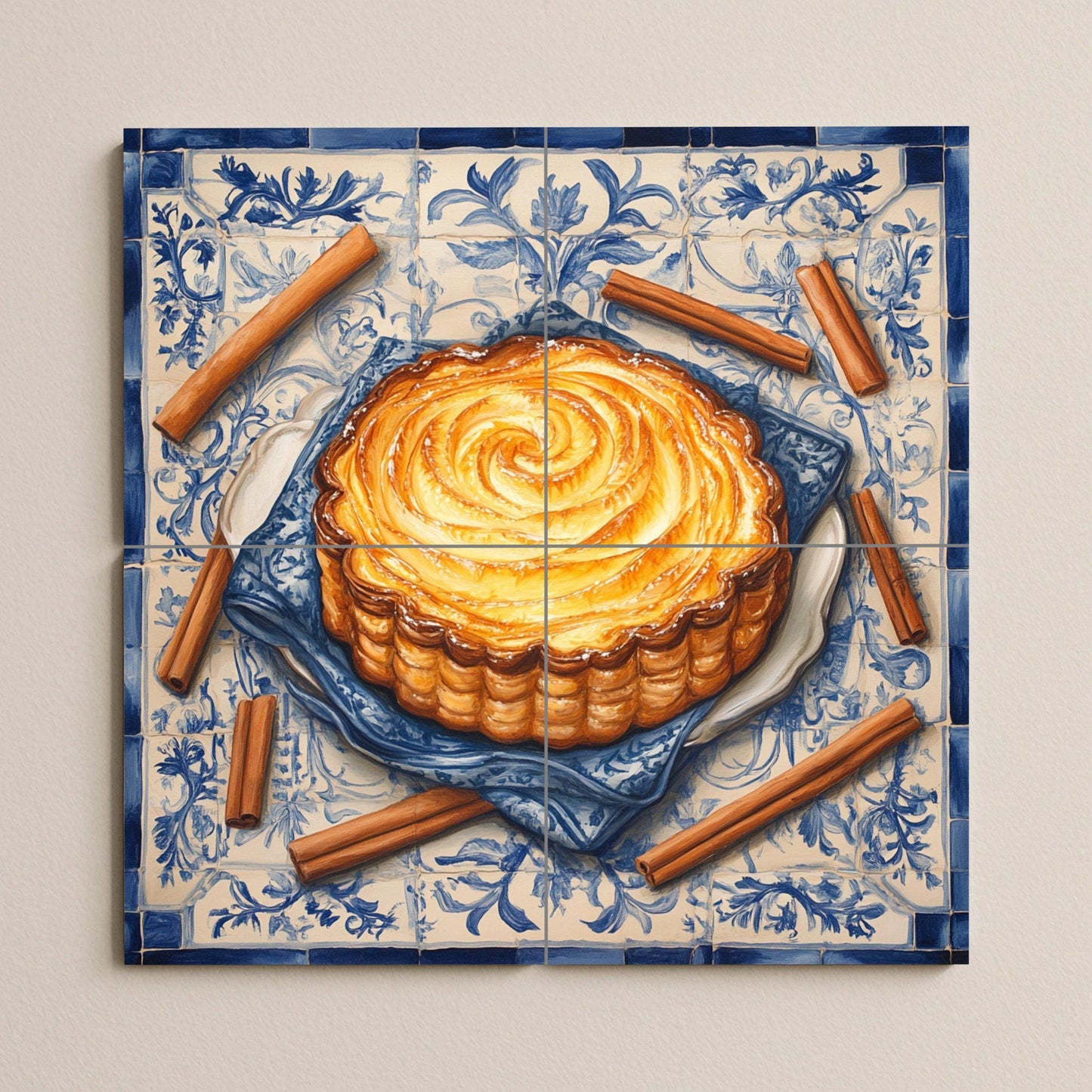 Portuguese Pastel de Nata Ceramic Tile Mural with Cinnamon Sticks and Lisbon Tile Border, Pastry Kitchen Backsplash, Custard Tart