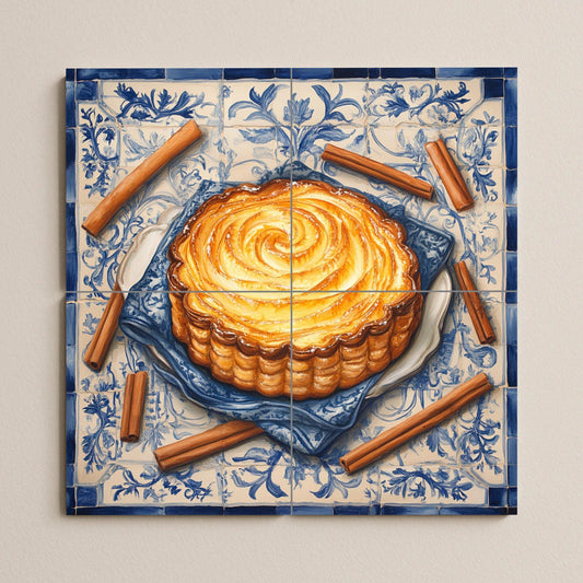 Portuguese Pastel de Nata Ceramic Tile Mural with Cinnamon Sticks and Lisbon Tile Border, Pastry Kitchen Backsplash, Custard Tart