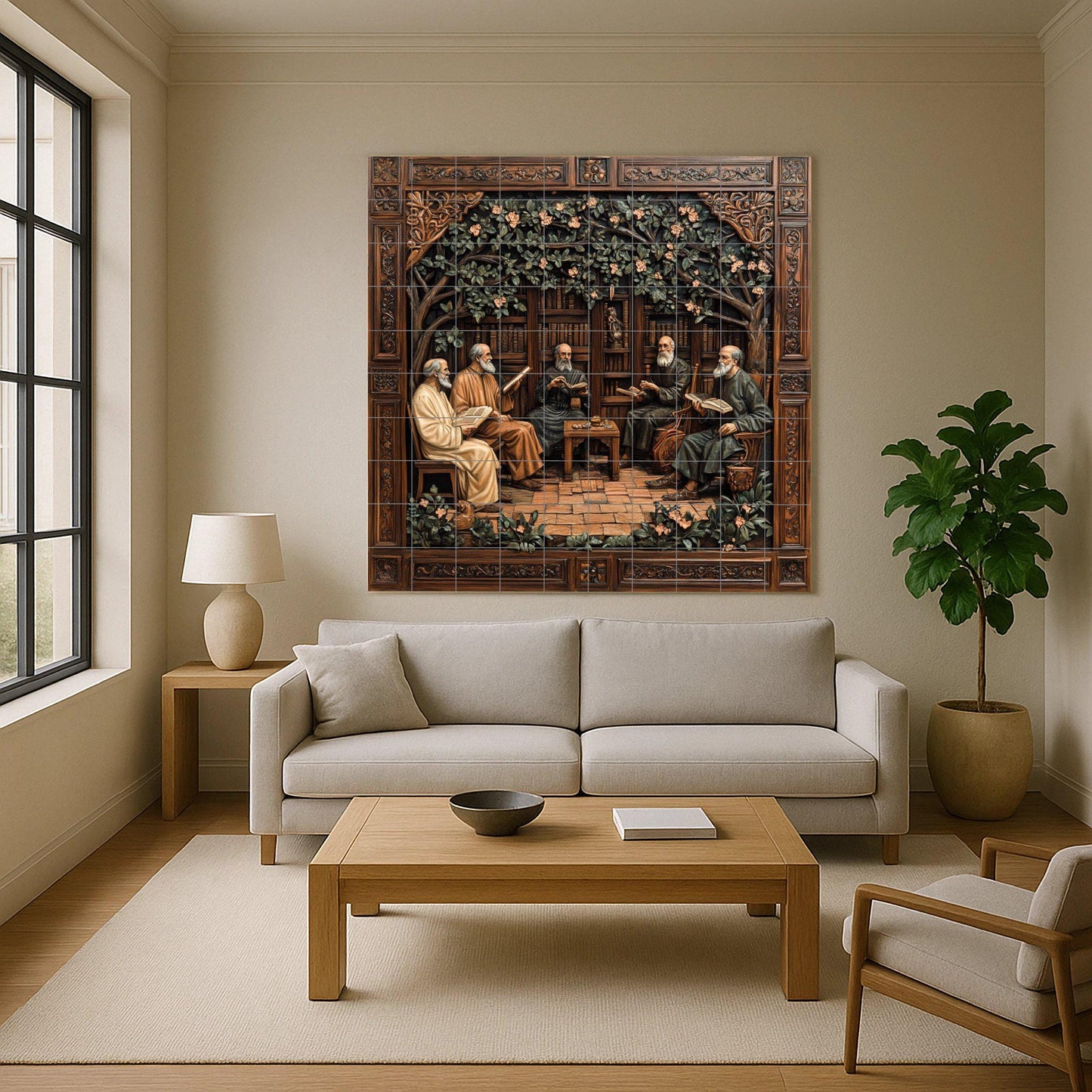Medieval monastic ceramic tile mural with scholars reading in cloister library, panel of Renaissance humanist philosophers, neo-Gothic wall