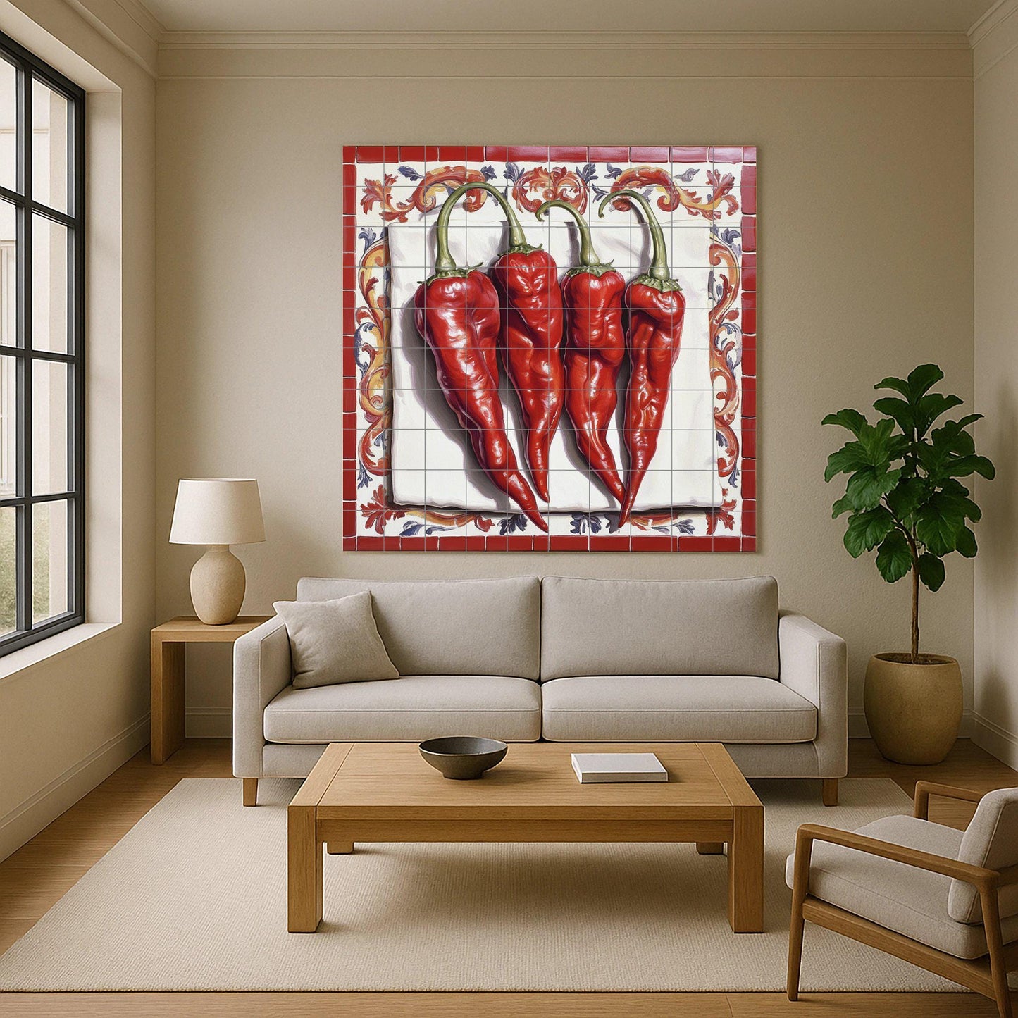 Rustic ceramic tile mural with red chilies, Mediterranean peperoncino wall art, Spanish paprika kitchen backsplash, Mexican red chili