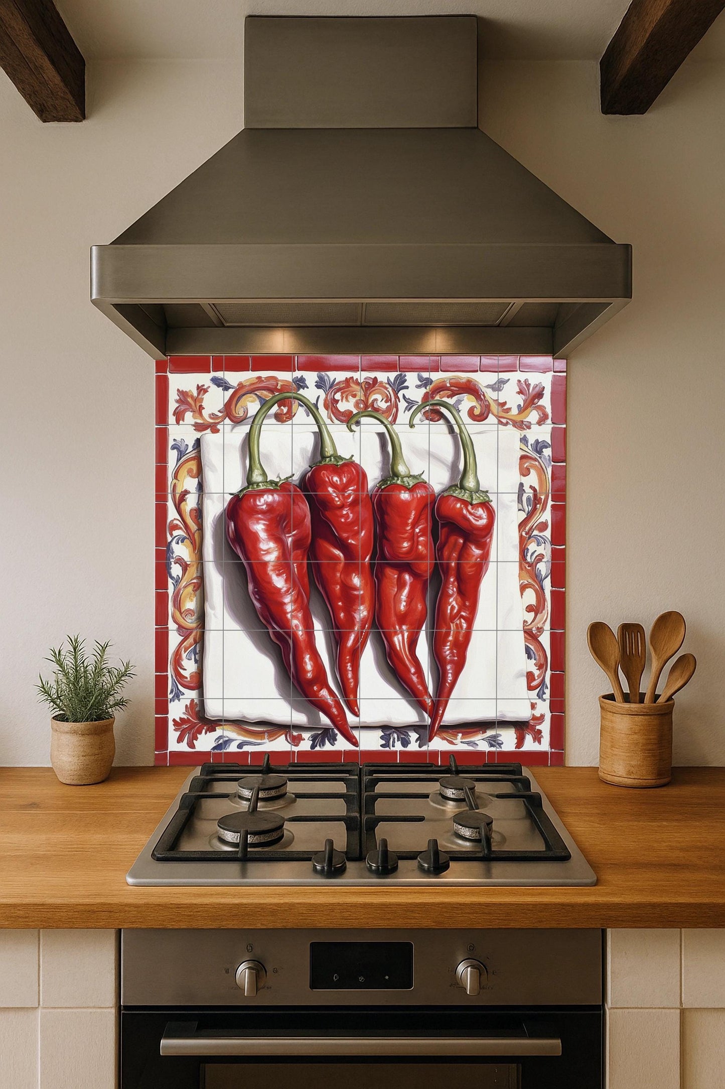 Rustic ceramic tile mural with red chilies, Mediterranean peperoncino wall art, Spanish paprika kitchen backsplash, Mexican red chili