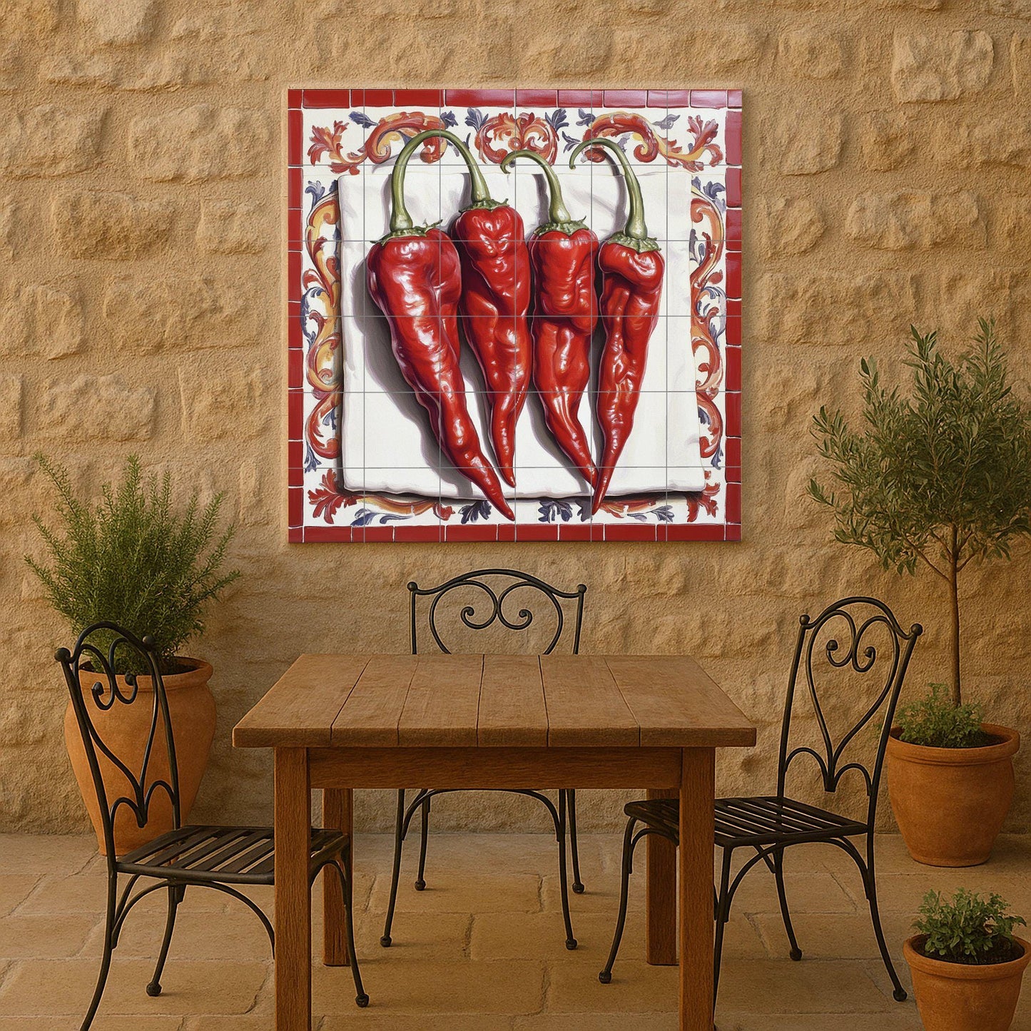 Rustic ceramic tile mural with red chilies, Mediterranean peperoncino wall art, Spanish paprika kitchen backsplash, Mexican red chili