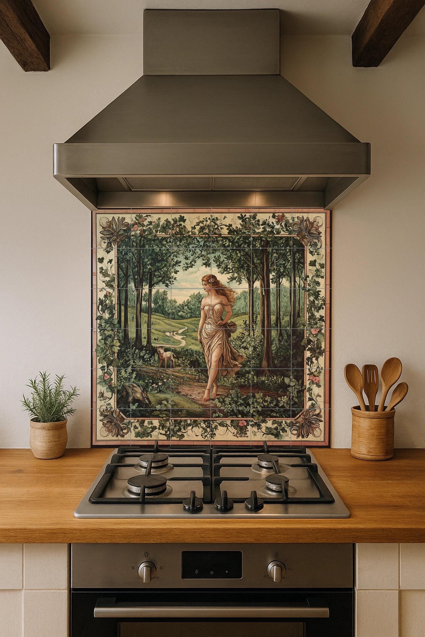 Ceramic tile mural of a mythological forest goddess with pastoral allegory, panel with Arcadian woodland landscape, Pre-Raphaelite decorative mural art