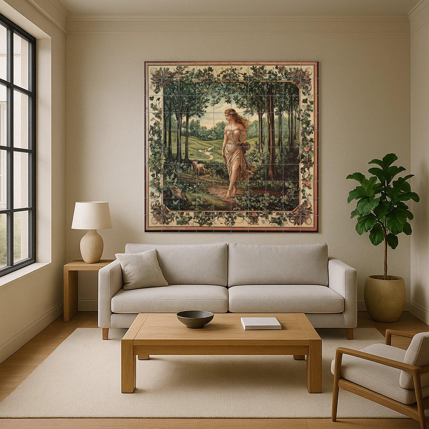 Ceramic tile mural of a mythological forest goddess with pastoral allegory, panel with Arcadian woodland landscape, Pre-Raphaelite decorative mural art