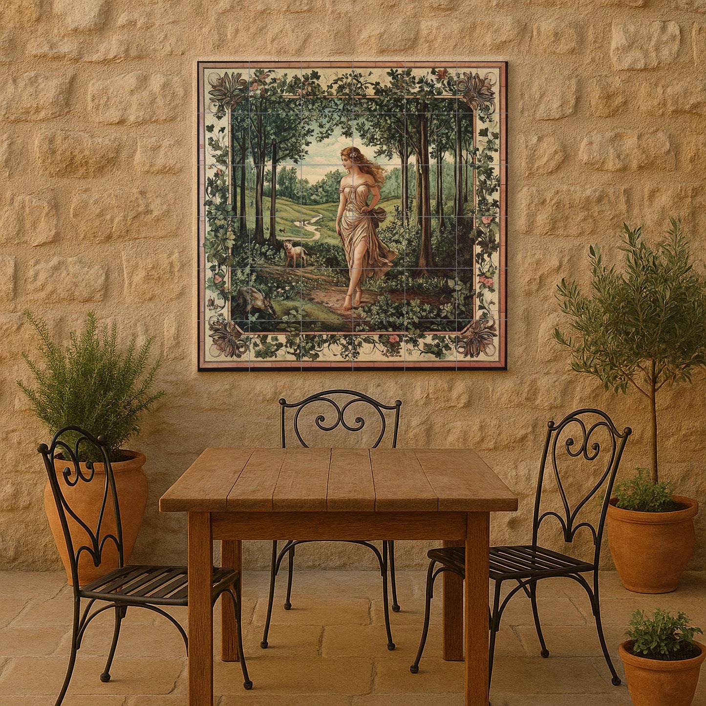 Ceramic tile mural of a mythological forest goddess with pastoral allegory, panel with Arcadian woodland landscape, Pre-Raphaelite decorative mural art