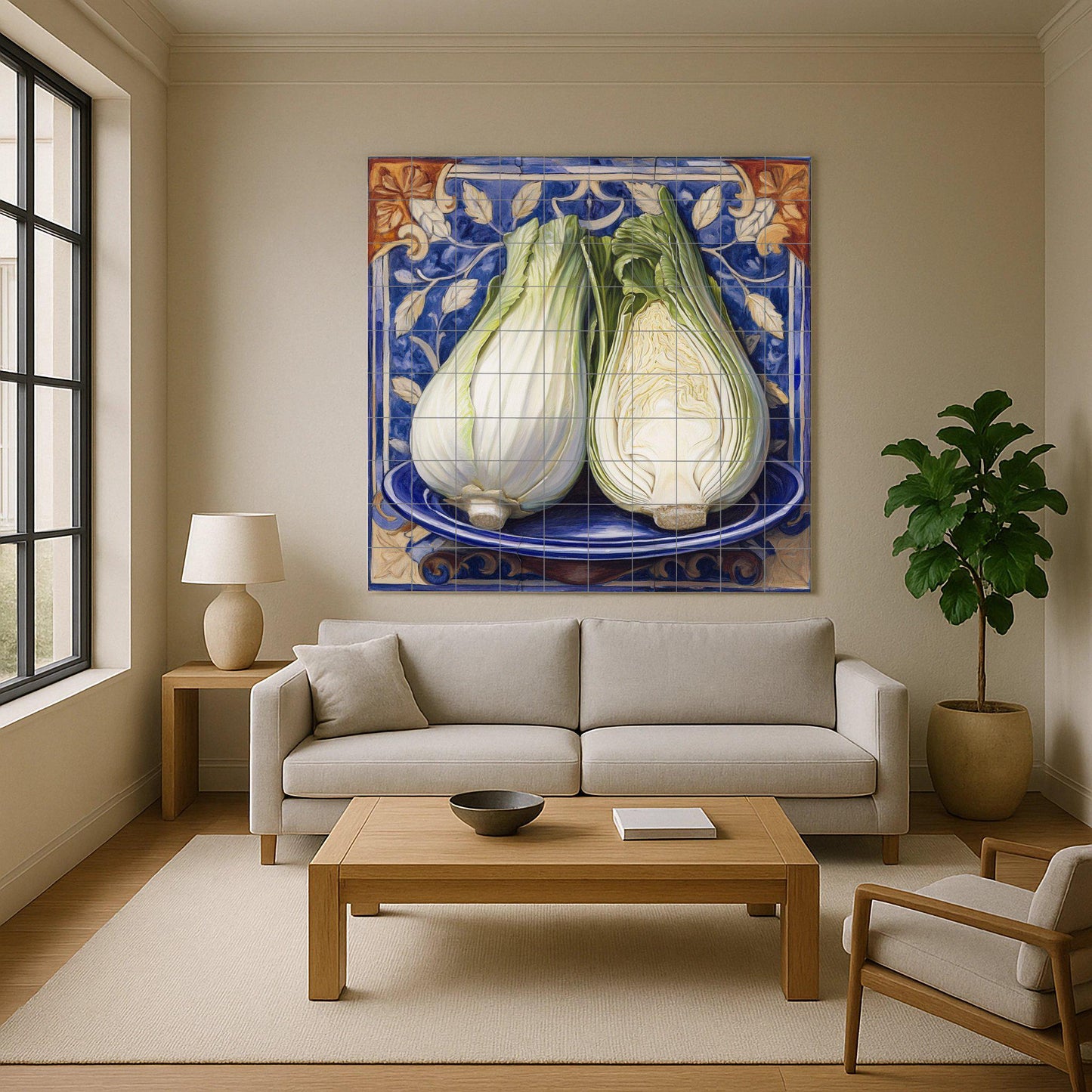 Italian fennel ceramic tile mural with rustic majolica blue border, Mediterranean kitchen vegetable wall art, Sicilian farm kitchen