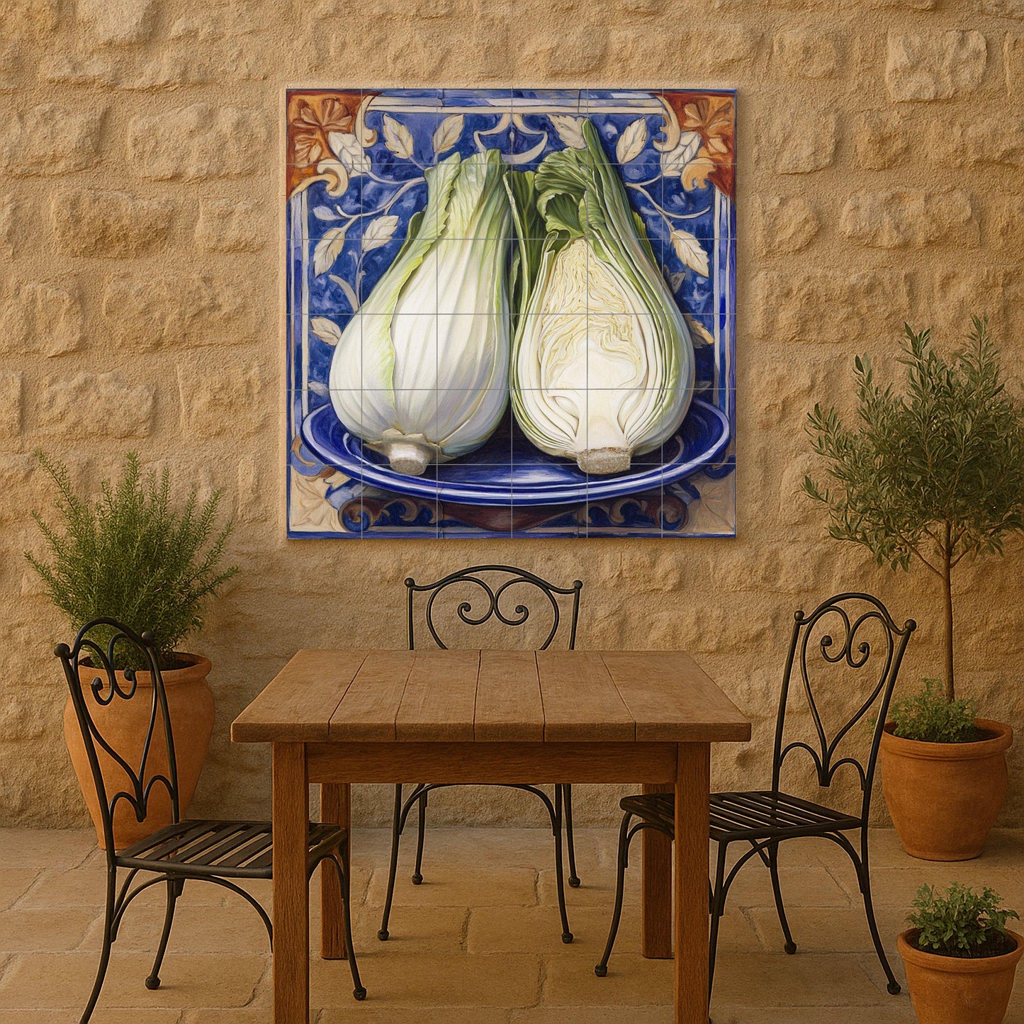 Italian fennel ceramic tile mural with rustic majolica blue border, Mediterranean kitchen vegetable wall art, Sicilian farm kitchen