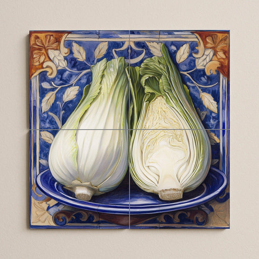 Italian fennel ceramic tile mural with rustic majolica blue border, Mediterranean kitchen vegetable wall art, Sicilian farm kitchen