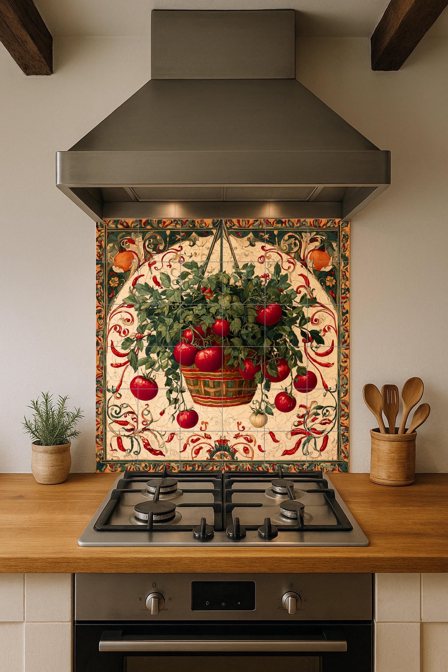 Rustic Italian ceramic tile mural with hanging basket of tomatoes and chilies, Sicilian kitchen majolica wall art, Mediterranean farmhouse