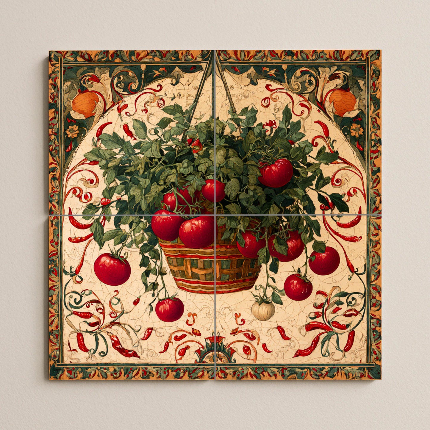 Rustic Italian ceramic tile mural with hanging basket of tomatoes and chilies, Sicilian kitchen majolica wall art, Mediterranean farmhouse
