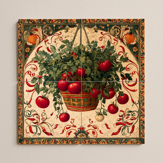 Rustic Italian ceramic tile mural with hanging basket of tomatoes and chilies, Sicilian kitchen majolica wall art, Mediterranean farmhouse