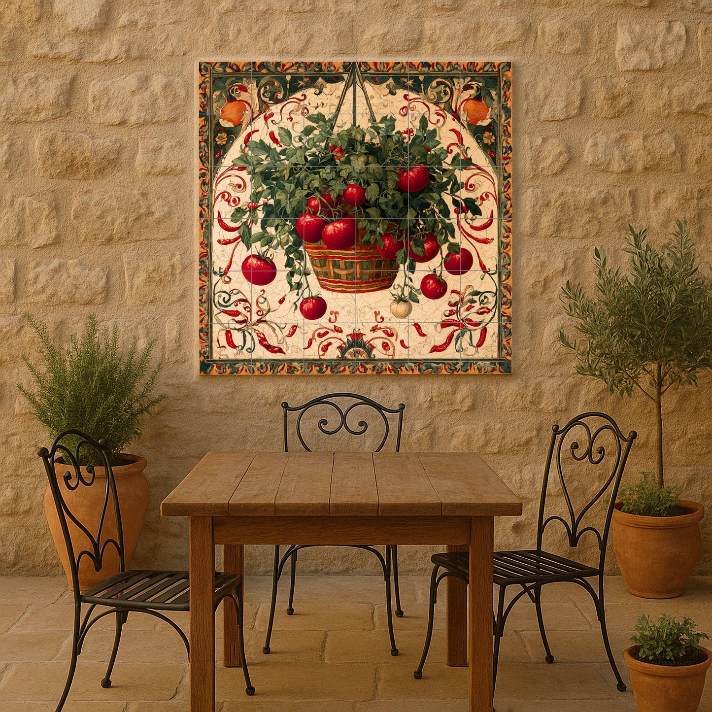 Rustic Italian ceramic tile mural with hanging basket of tomatoes and chilies, Sicilian kitchen majolica wall art, Mediterranean farmhouse