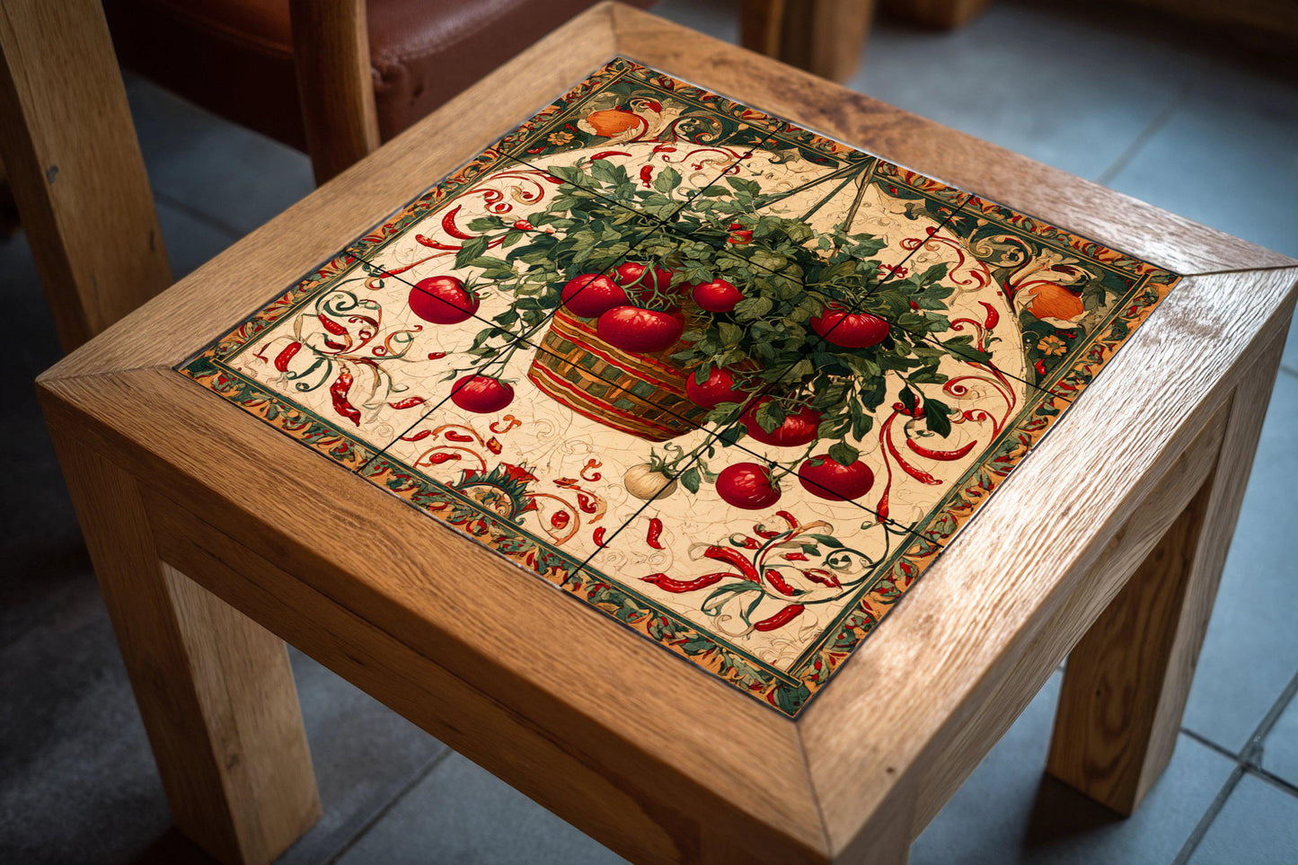 Rustic Italian ceramic tile mural with hanging basket of tomatoes and chilies, Sicilian kitchen majolica wall art, Mediterranean farmhouse