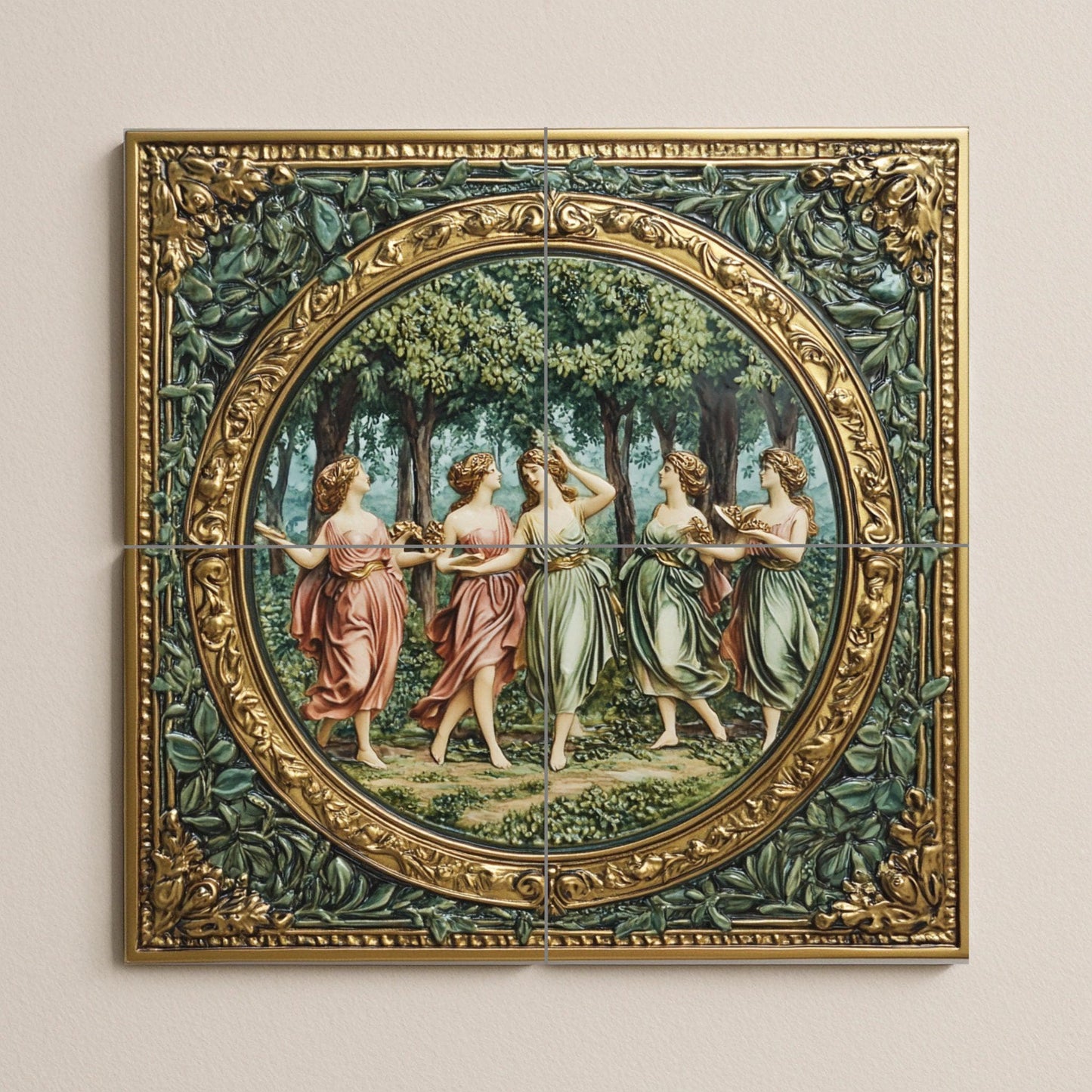 Renaissance ceramic tile mural with mythological dancing grace, neoclassical allegory fresco, Florentine villa wall decorative art