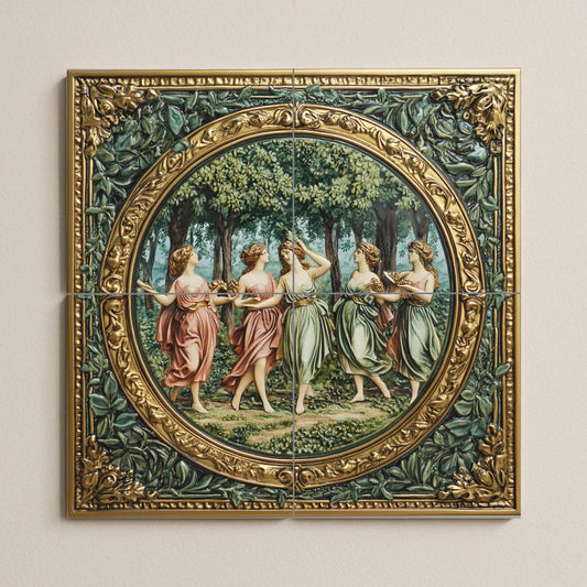 Renaissance ceramic tile mural with mythological dancing grace, neoclassical allegory fresco, Florentine villa wall decorative art
