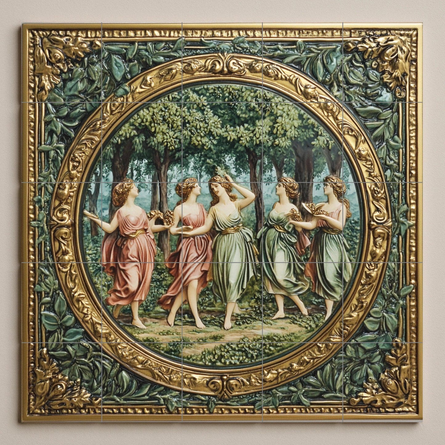 Renaissance ceramic tile mural with mythological dancing grace, neoclassical allegory fresco, Florentine villa wall decorative art