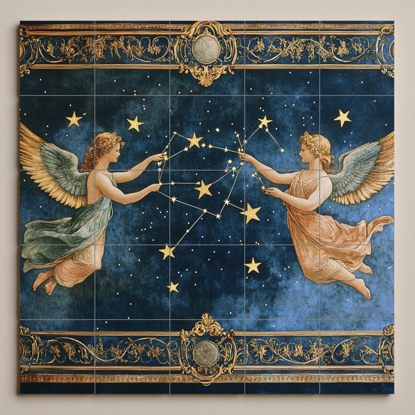 Celestial Renaissance ceramic tile mural with zodiac constellations, angels and mythological stars, astrological wall art decorative panel.