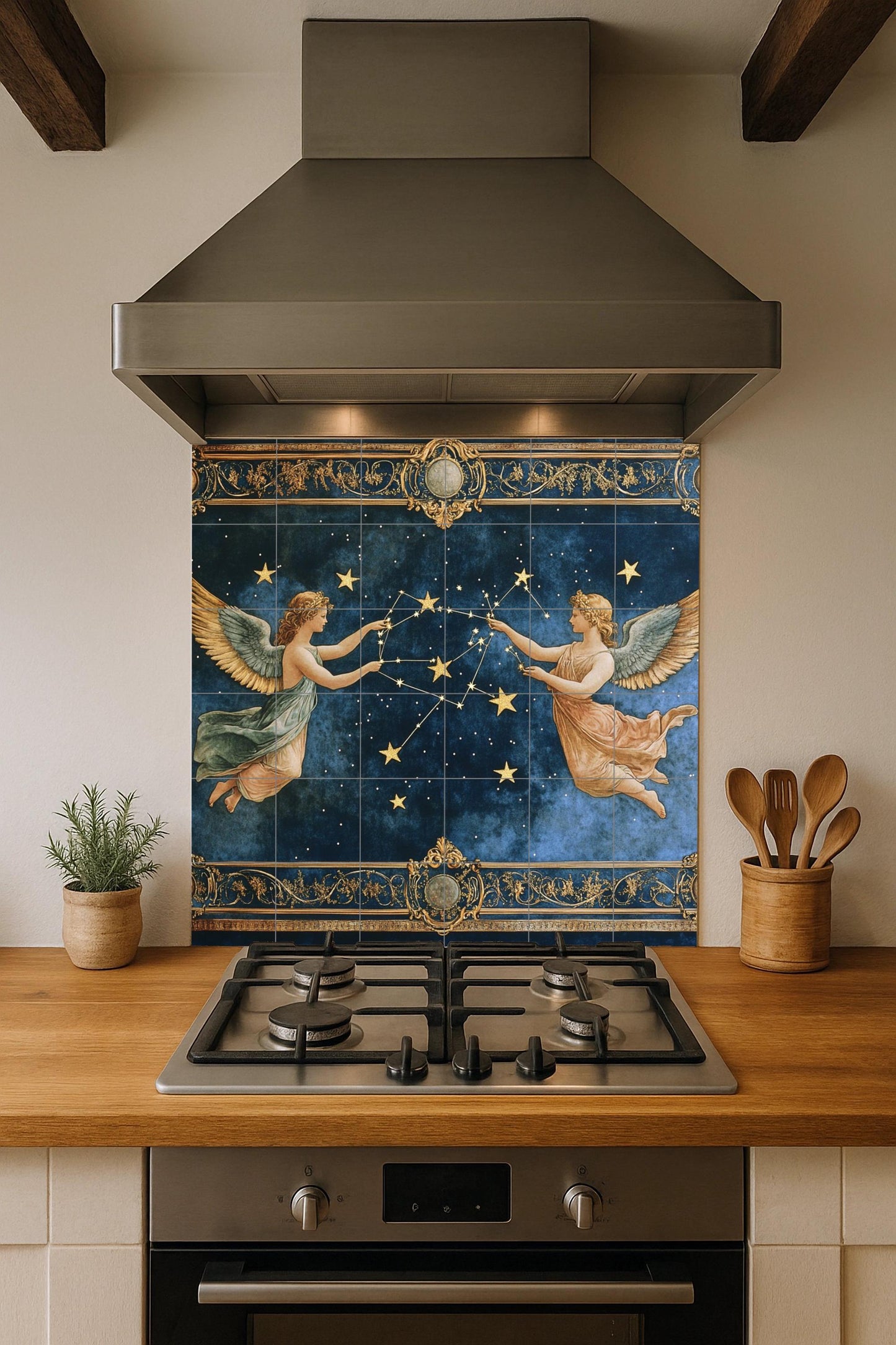 Celestial Renaissance ceramic tile mural with zodiac constellations, angels and mythological stars, astrological wall art decorative panel.