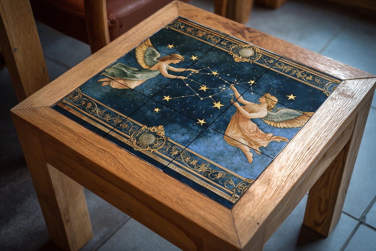 Celestial Renaissance ceramic tile mural with zodiac constellations, angels and mythological stars, astrological wall art decorative panel.