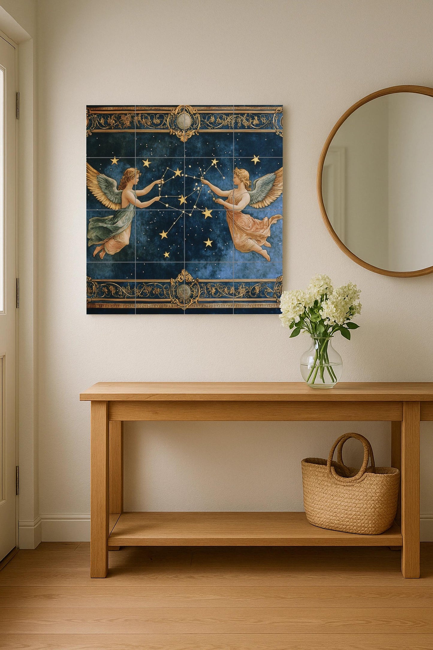 Celestial Renaissance ceramic tile mural with zodiac constellations, angels and mythological stars, astrological wall art decorative panel.
