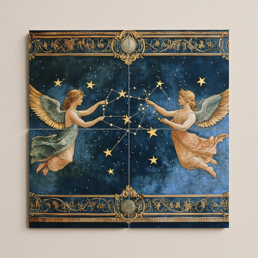 Celestial Renaissance ceramic tile mural with zodiac constellations, angels and mythological stars, astrological wall art decorative panel.