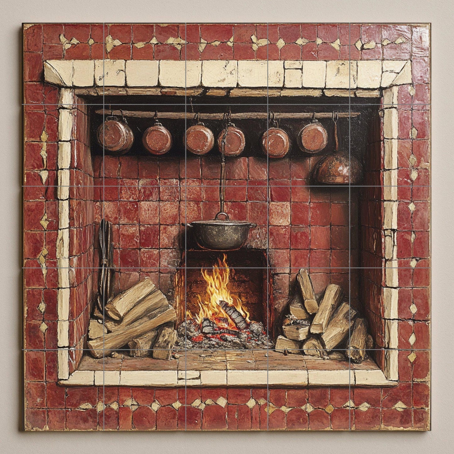 Ceramic tile mural with rustic fireplace / Country kitchen hearth with firewood and copper pots / Vintage decorative wall panel