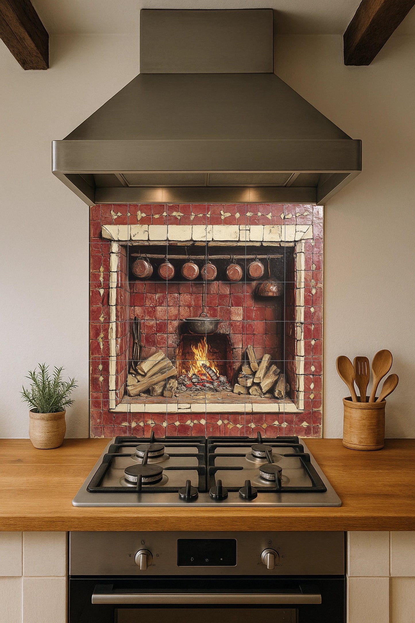 Ceramic tile mural with rustic fireplace / Country kitchen hearth with firewood and copper pots / Vintage decorative wall panel