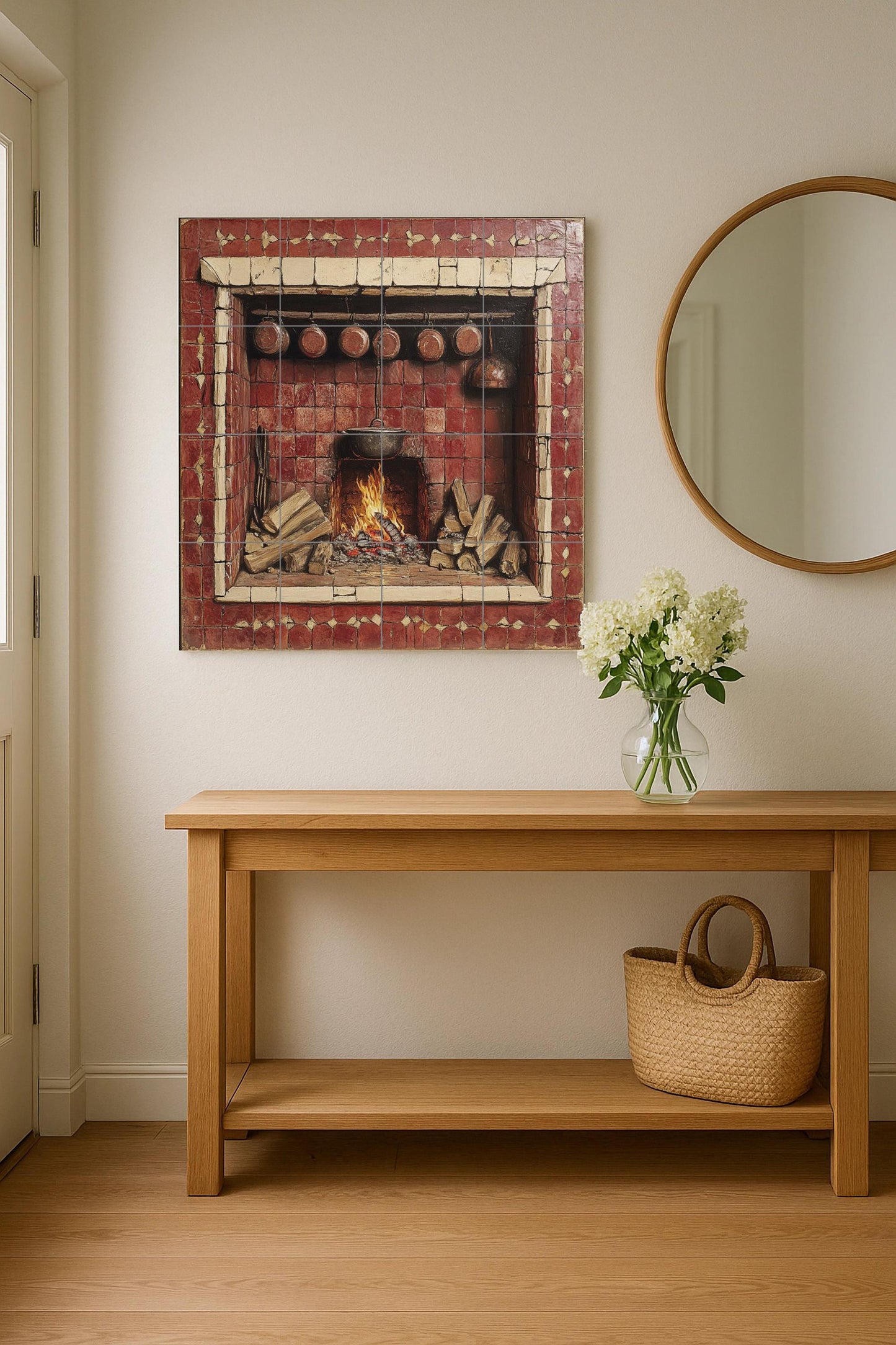 Ceramic tile mural with rustic fireplace / Country kitchen hearth with firewood and copper pots / Vintage decorative wall panel