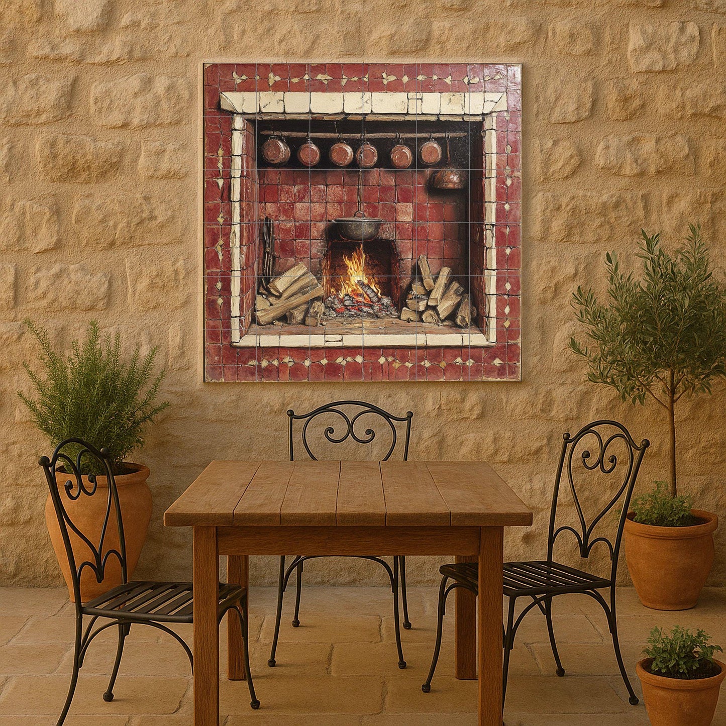 Ceramic tile mural with rustic fireplace / Country kitchen hearth with firewood and copper pots / Vintage decorative wall panel