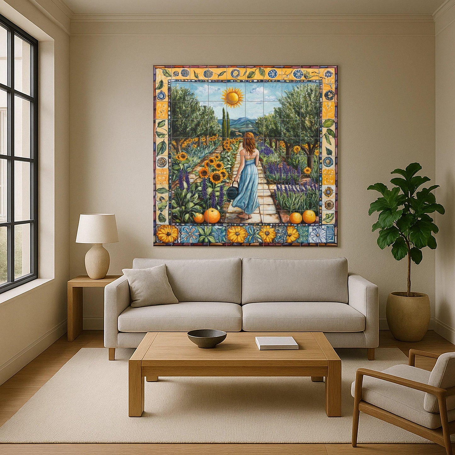 Mural of Tuscan ceramic tiles from Val d'Orcia with lavender terraces, sunflower meadows, cypress road landscape and rustic Italian farmhouse splashback.