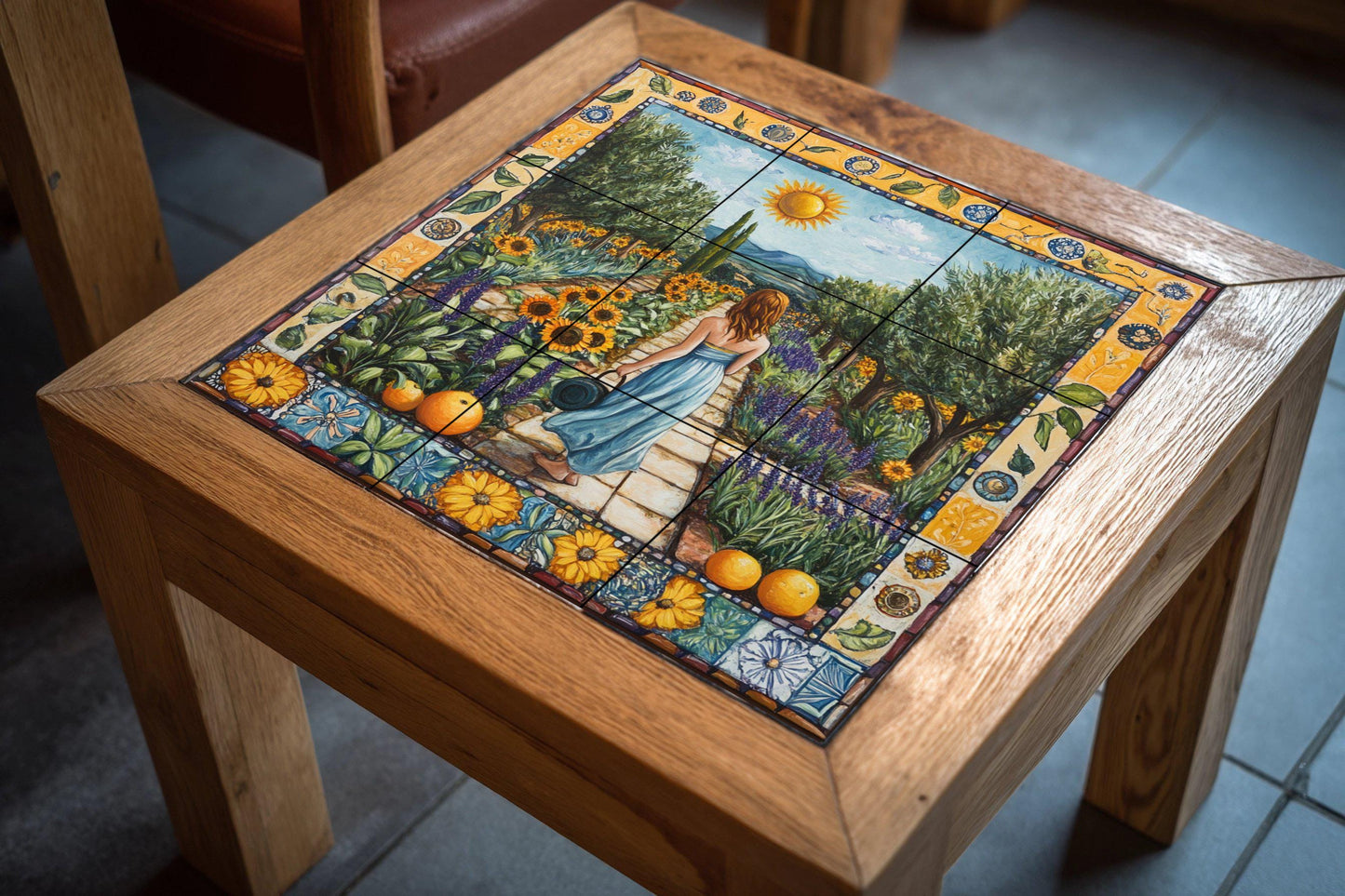 Mural of Tuscan ceramic tiles from Val d'Orcia with lavender terraces, sunflower meadows, cypress road landscape and rustic Italian farmhouse splashback.