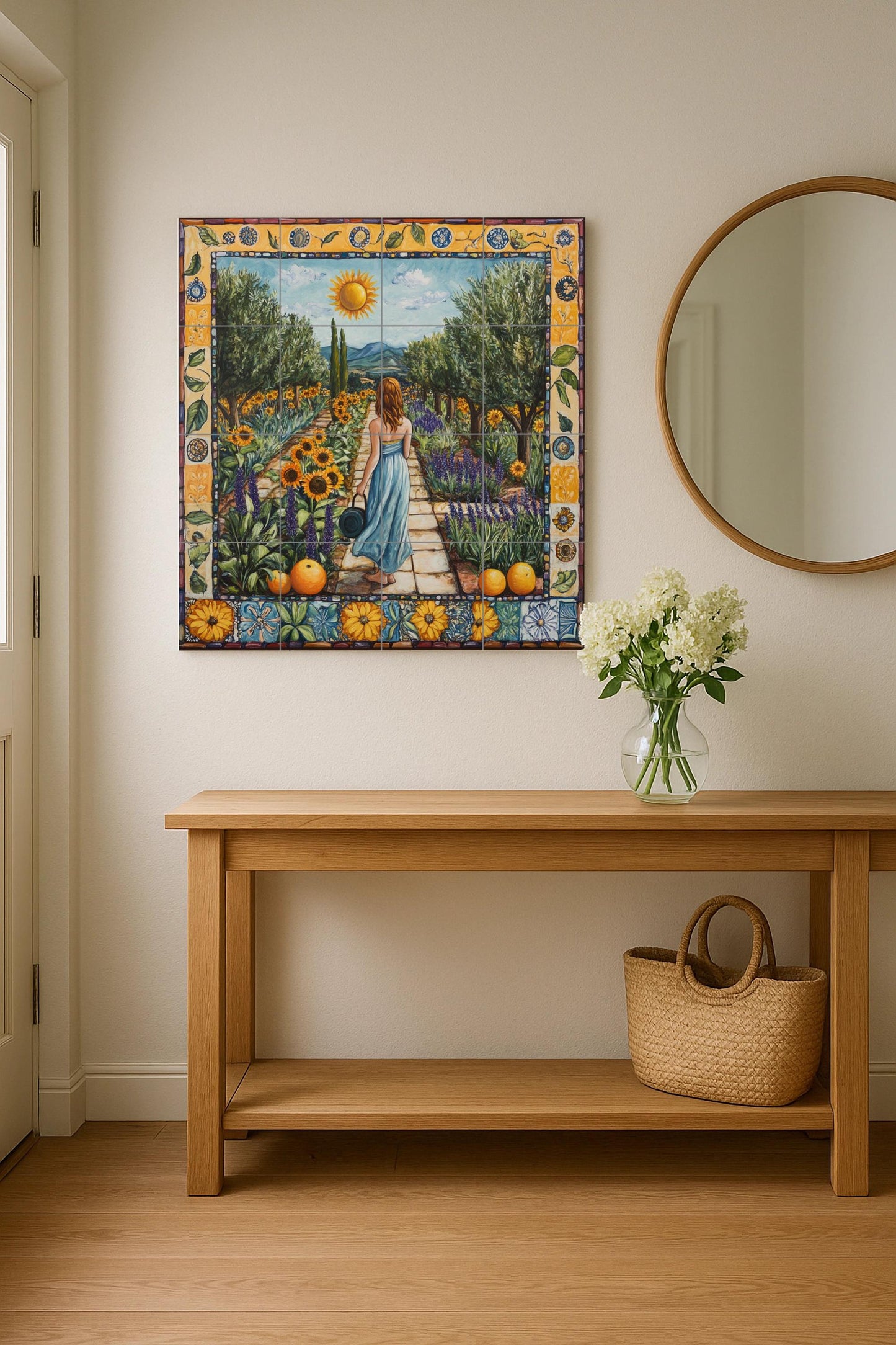 Mural of Tuscan ceramic tiles from Val d'Orcia with lavender terraces, sunflower meadows, cypress road landscape and rustic Italian farmhouse splashback.