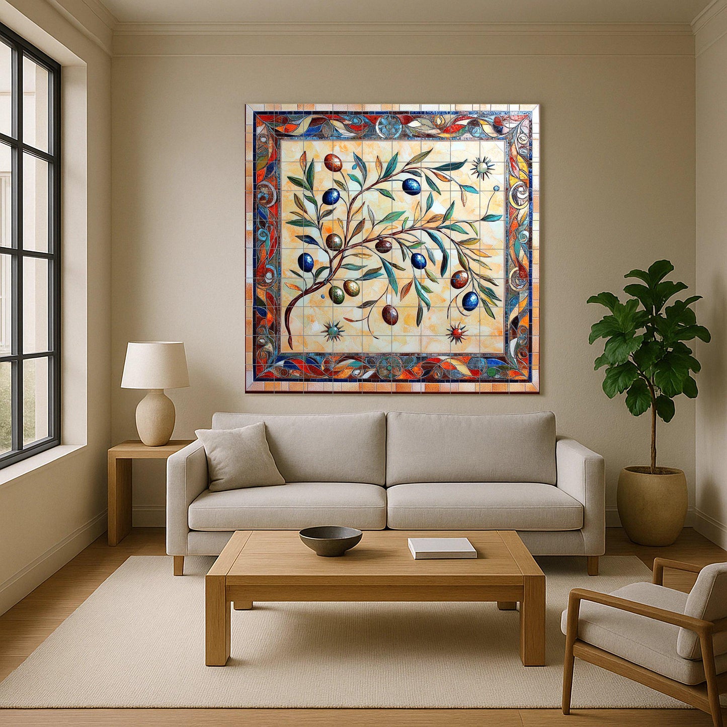 Mediterranean ceramic olive tree wall mural with hand-drawn colorful branches, artistic decorative tile panel for kitchen backsplash