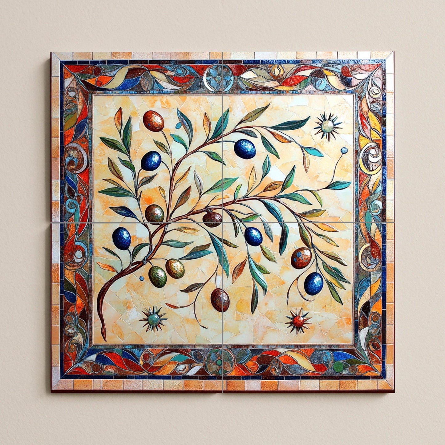 Mediterranean ceramic olive tree wall mural with hand-drawn colorful branches, artistic decorative tile panel for kitchen backsplash