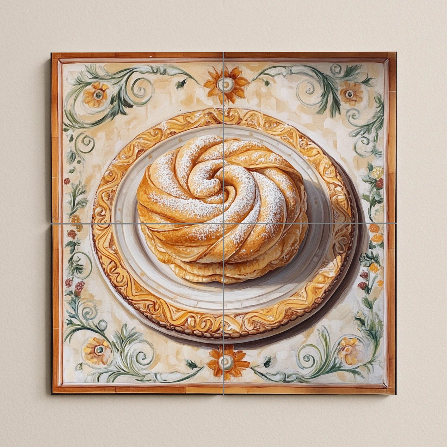 Ensaimada ceramic tile mural from Mallorca / Traditional Spanish pastry art / Mediterranean kitchen wall decoration