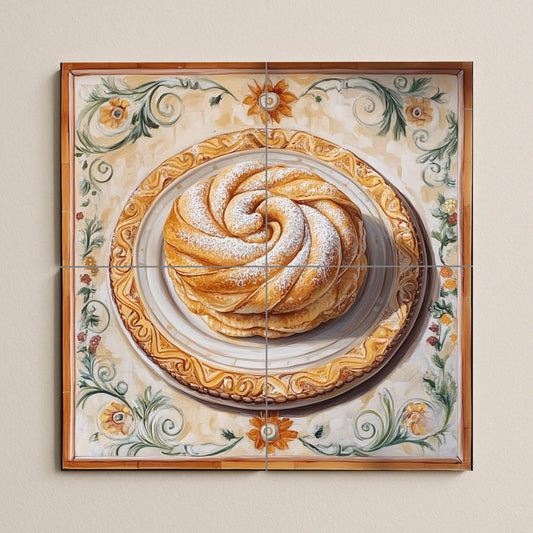 Ensaimada ceramic tile mural from Mallorca / Traditional Spanish pastry art / Mediterranean kitchen wall decoration