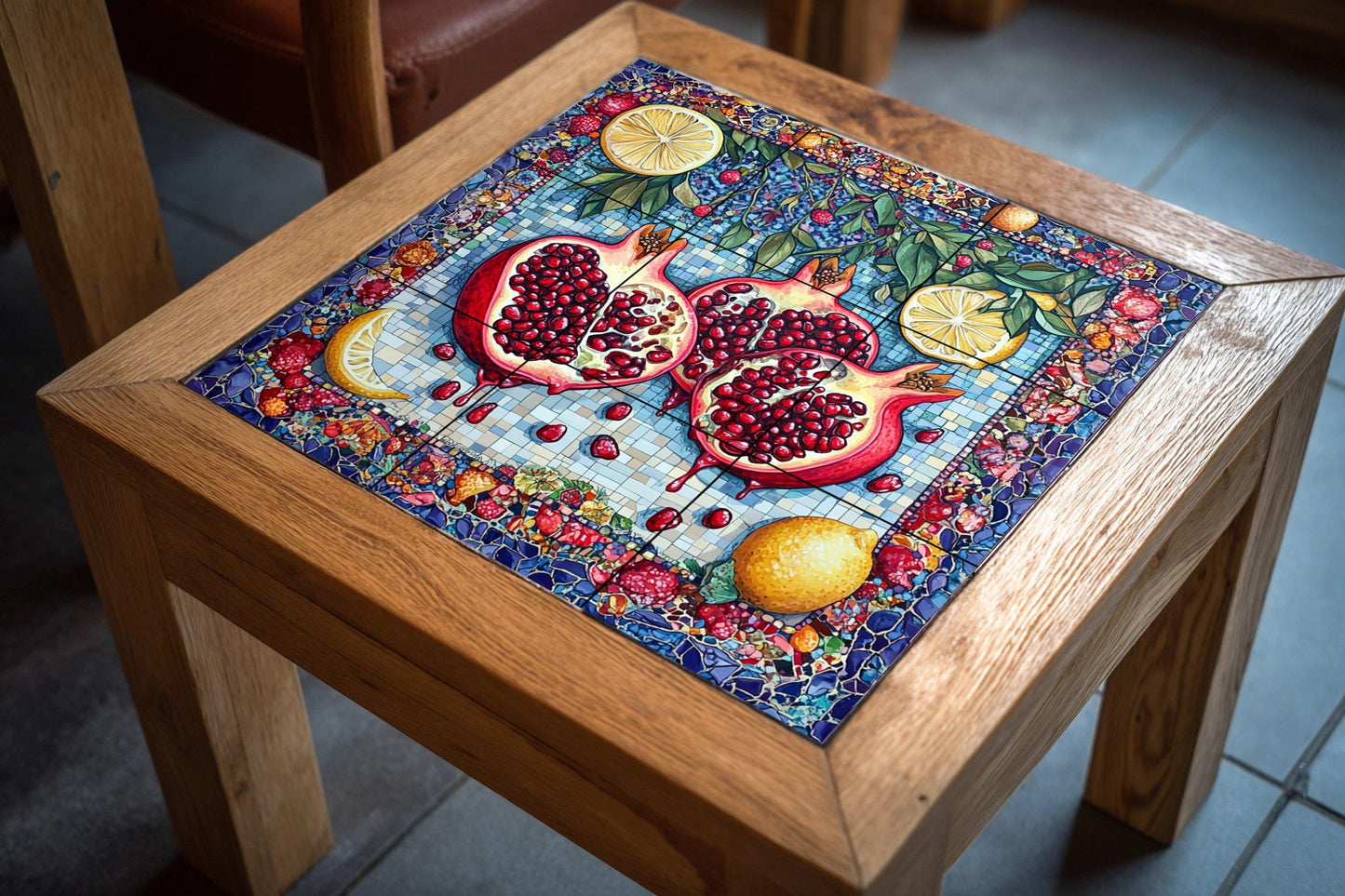 Mediterranean pomegranate ceramic tile mural / Mosaic wall art with lemons and fruit / Symbol of fertility and abundance