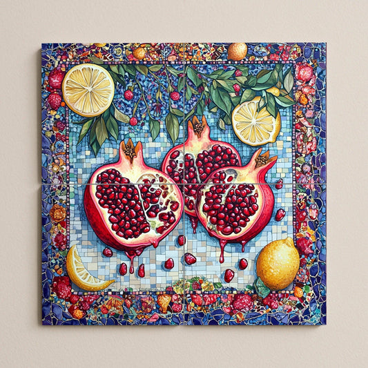 Mediterranean pomegranate ceramic tile mural / Mosaic wall art with lemons and fruit / Symbol of fertility and abundance