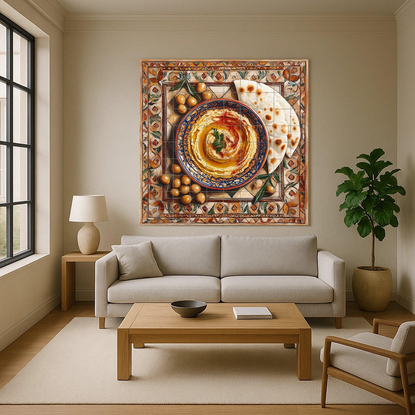 Middle Eastern ceramic tile mural / Hummus and pita bread with chickpeas and olives / Wall art for Mediterranean kitchen