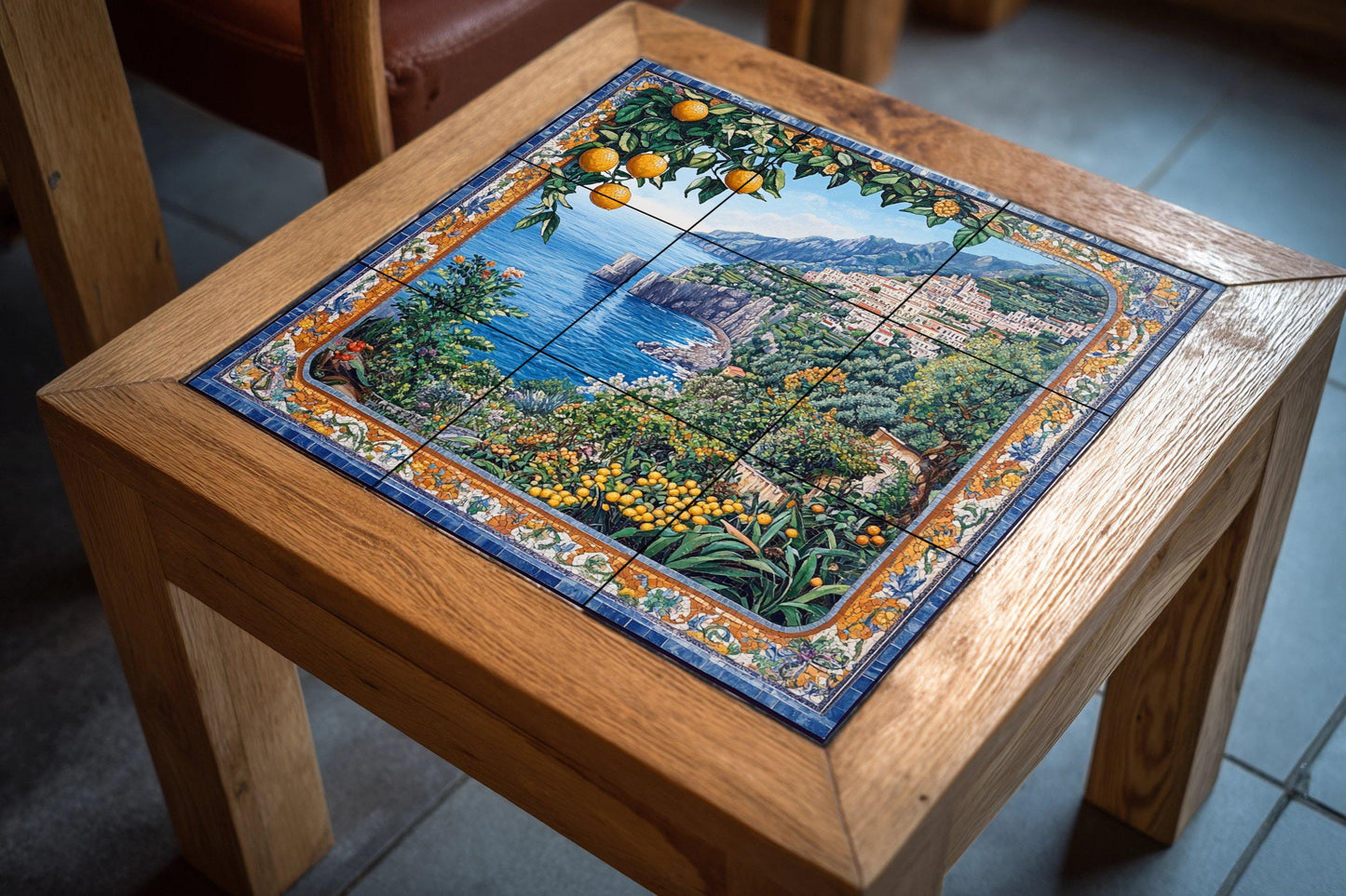Ceramic tile mural of the Mediterranean coast / Amalfi Coast with lemons and sea views / Italian-inspired decorative wall art